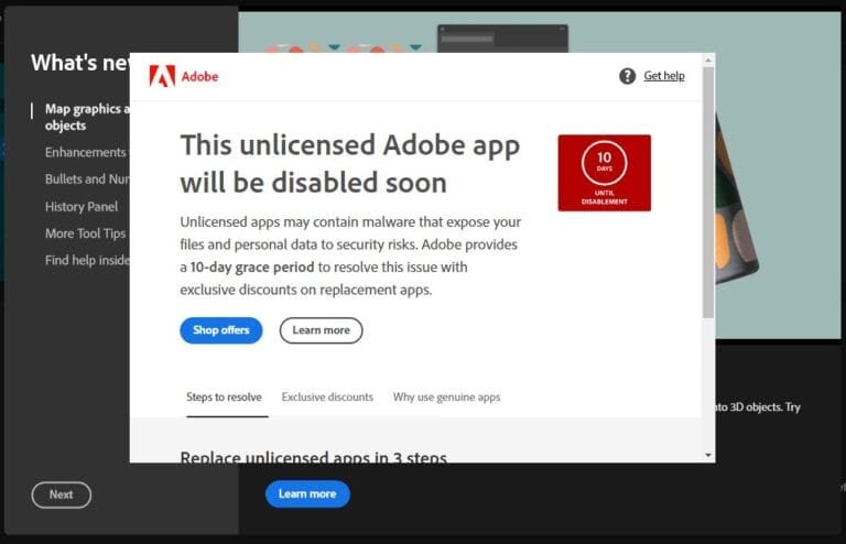 Hướng dẫn sửa lỗi: “This unlicensed Adobe app will be disable soon….”